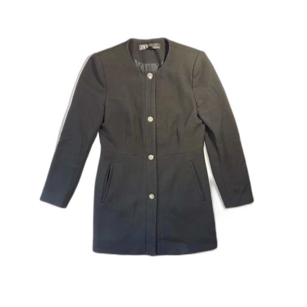Zara Black Frock Coat Large Collarless Gold Snap Button Longline Blazer Jacket